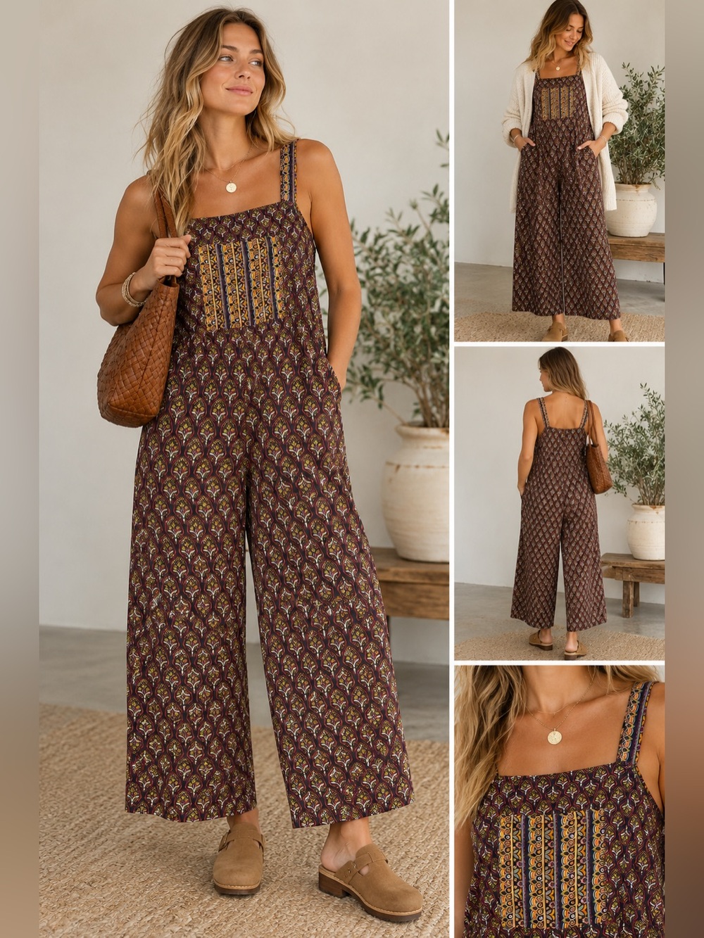 Anthropologie Let Me Be Printed Cotton Wide Leg Jumpsuit Overalls Boho Sz L